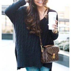 Free People Easy Cable Knit Sweater Tunic Womens Small Black Fisherman Preppy